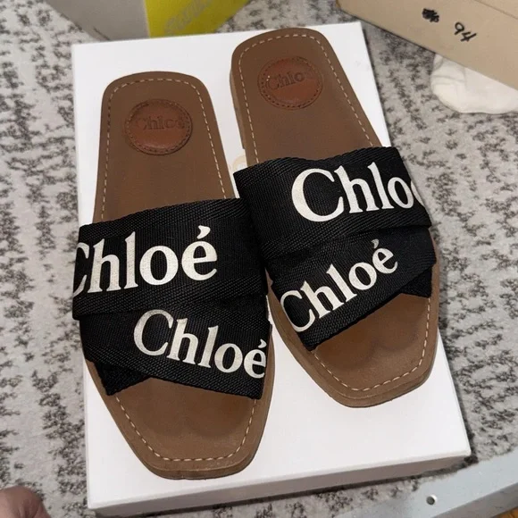 Chloé Black Logo Ribbon Slide Sandals with Brown Footbed - Picture 1 of 2